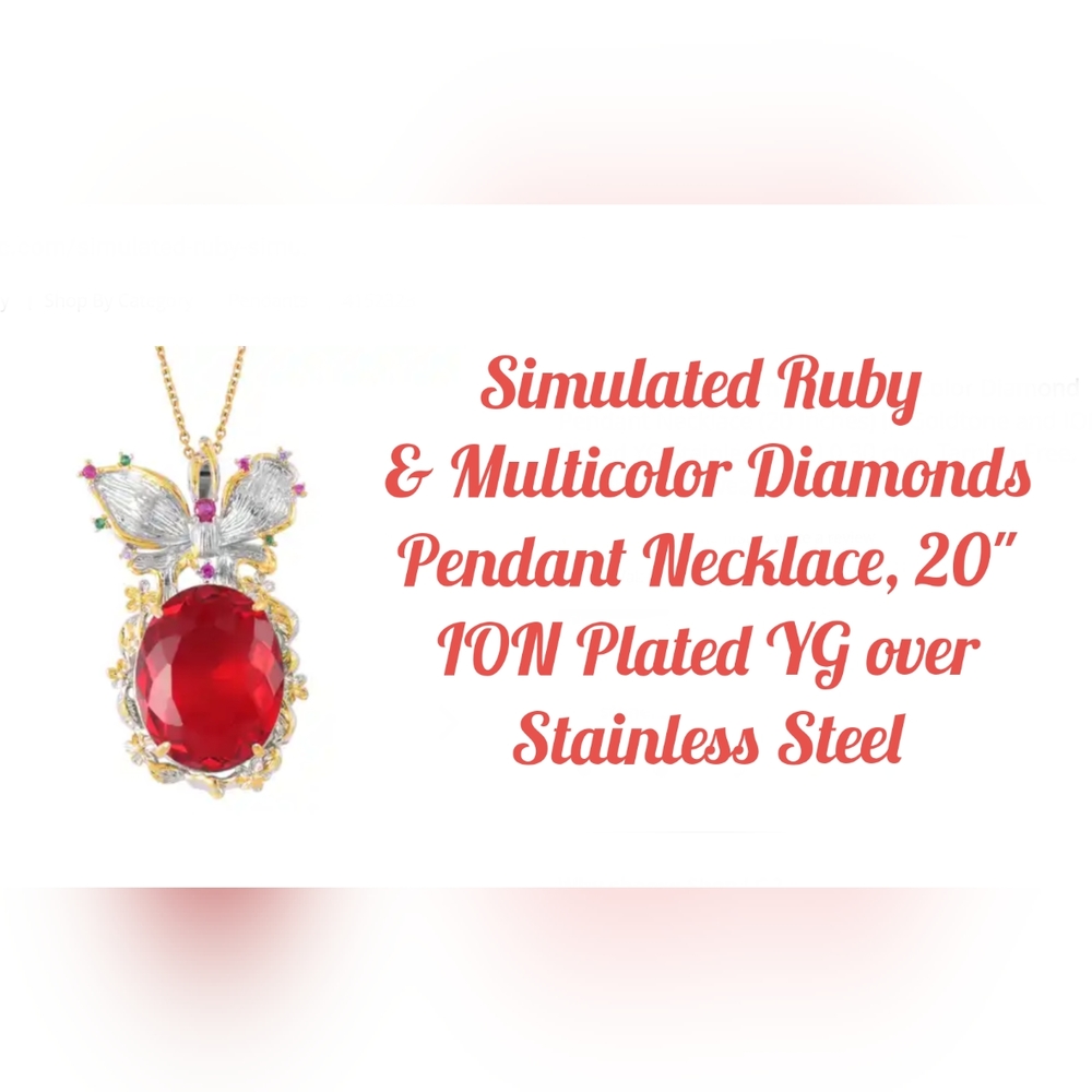 Simulated ruby & diamonds Butterfly necklace, ION plated YG
